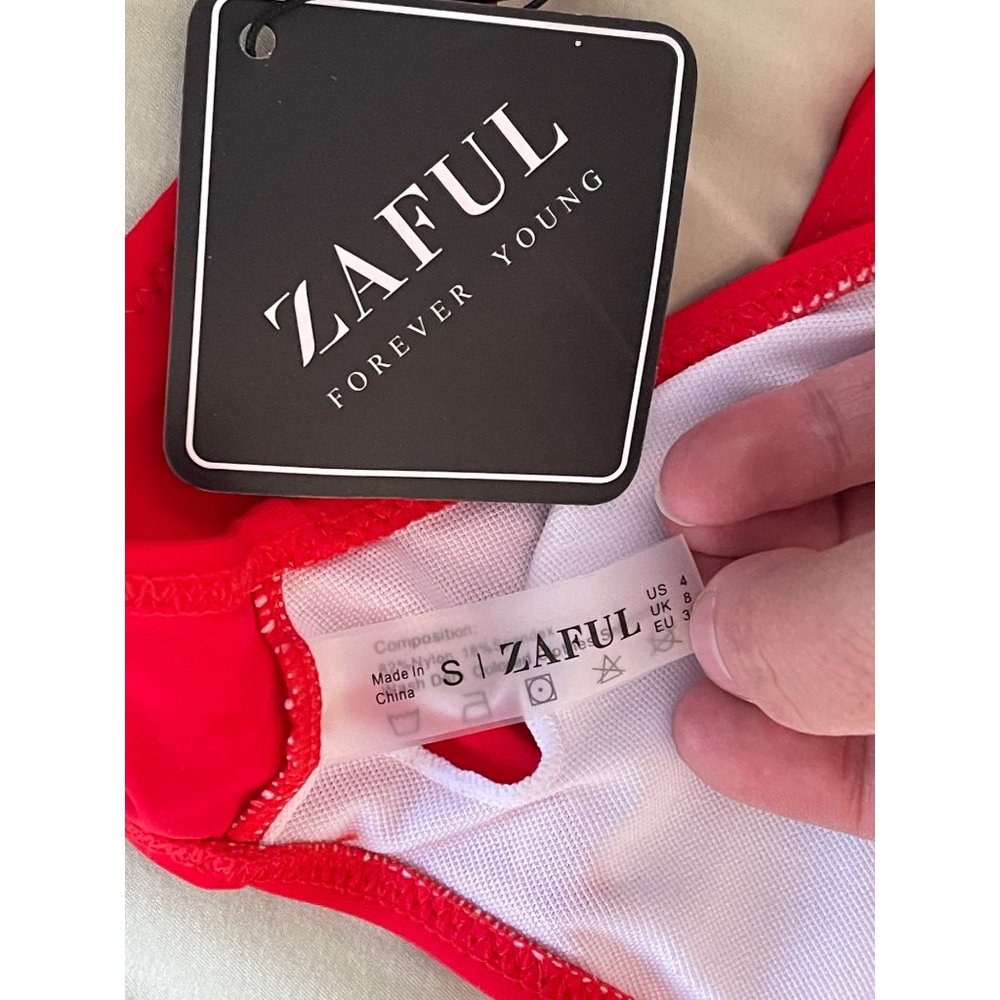 ZAFUL Red Tie Front Bikini Top w/ Matching Peek-a-Boo Racing Style Bikini Bottom - Picture 11 of 12